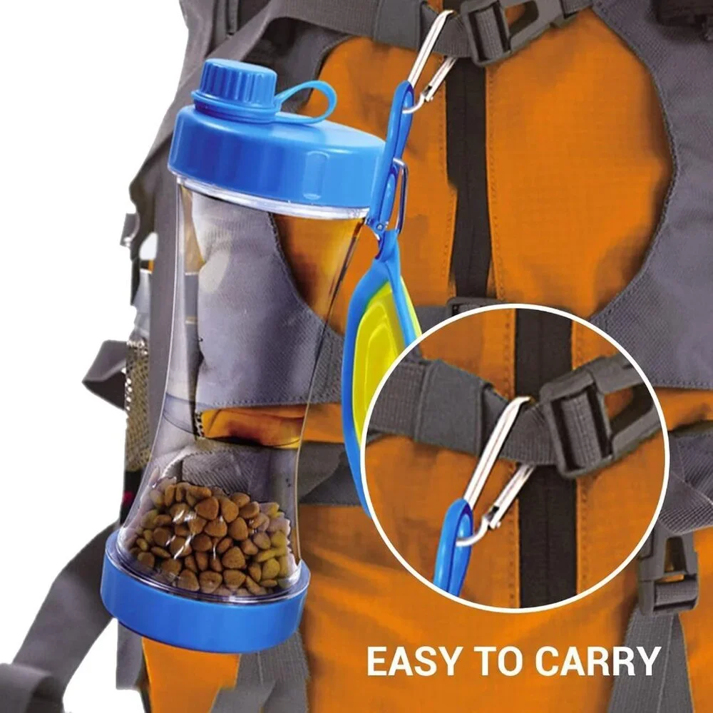 Dog Water Bottle with Food Container • 13.5 oz • Leakproof Travel Dispenser Blue